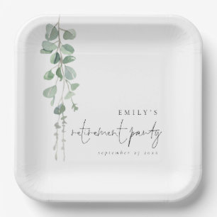 Modernes Eukalyptus Name Retirement Party Pappteller