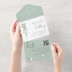 Modernes Eukalyptus Script QR Code Hochzeit All In One Einladung
