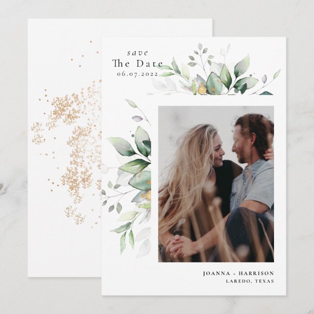 Modernes Eukalyptus Wedding-Foto Save The Date (Vorne/Hinten)