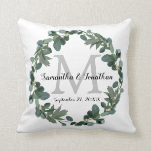 Modernes Eukalyptus-Wreath-Monogramm-Hochzeitssäck Kissen