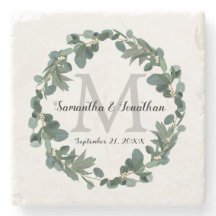 Modernes Eukalyptus-Wreath-Monogramm-Hochzeitssäck