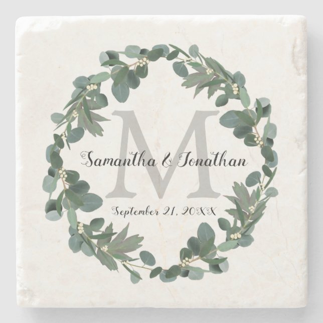 Modernes Eukalyptus-Wreath-Monogramm-Hochzeitssäck Steinuntersetzer (Vorderseite)