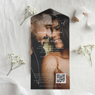 Modernes Fading Foto Script QR Code Foto Hochzeit All In One Einladung