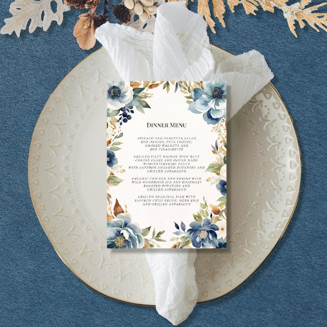 Modernes Fall Floral Navy Dusty Blue Wedding Menü Einladung (Von Creator hochgeladen)