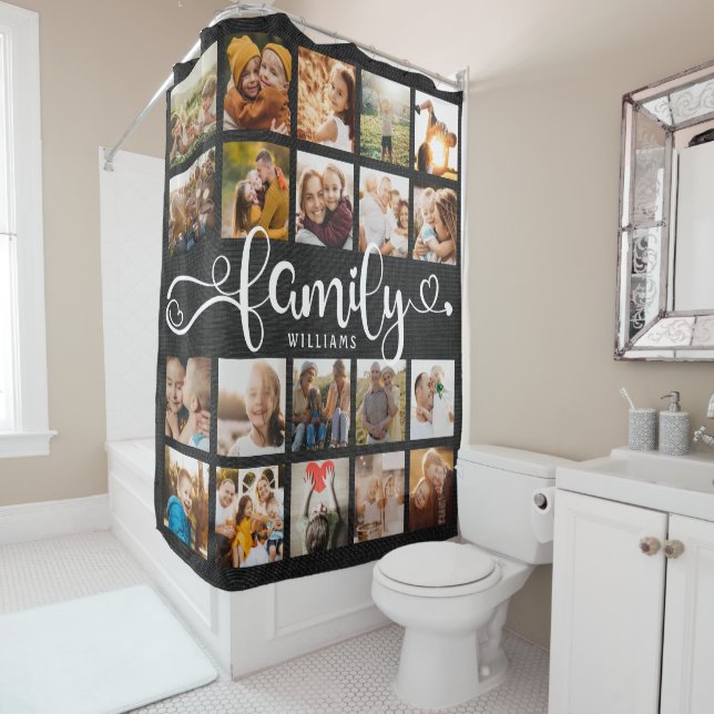 Modernes Familienskript 20 Foto Collage Chic Black Duschvorhang (Beispiel)