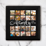 Modernes Familienskript 20 Foto Collage Chic Black Erinnerungskiste<br><div class="desc">Modernes Foto Collage Tray mit Platz für 20 Fotos rund um ein trendiges Wirbles Skript lesen FAMILY und Ihr individuelle Name unten.</div>