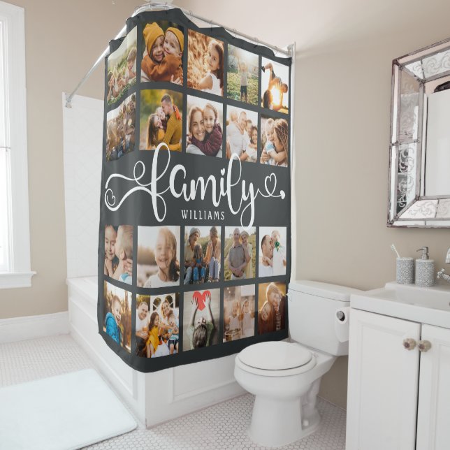 Modernes Familienskript 20 Foto Collage Chic Gray Duschvorhang (Beispiel)