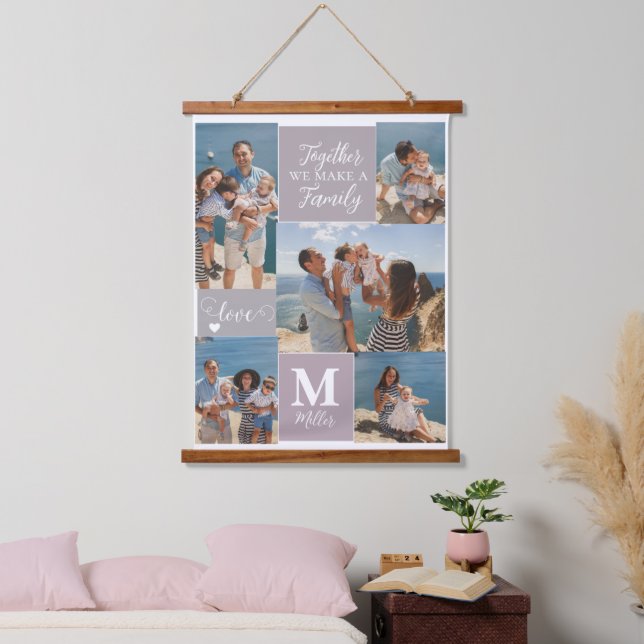 Modernes FAMILY-Collage Monogram Name 5 Fotos Wandteppich Mit Holzrahmen (Schlafzimmer)