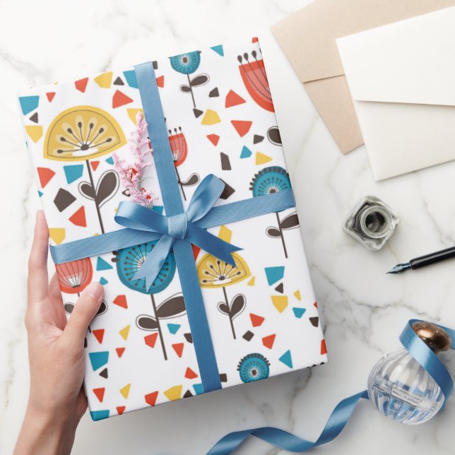 Modernes, farbenfrohes Blumenmuster aus dem Mittel Geschenkpapier (Schenken)