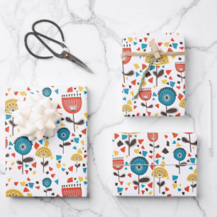 Modernes, farbenfrohes Blumenmuster aus dem Mittel Geschenkpapier Set