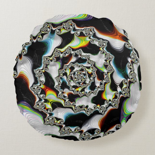 Modernes, farbenfrohes psychedelisches Spiral-Frak Rundes Kissen (Vorderseite)