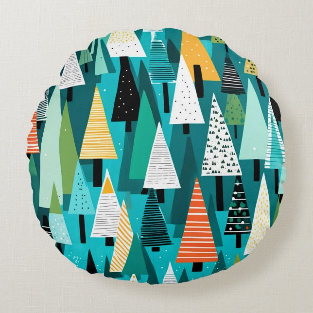 Modernes, farbiges Weihnachtsbaummuster Rundes Kissen (Vorderseite)