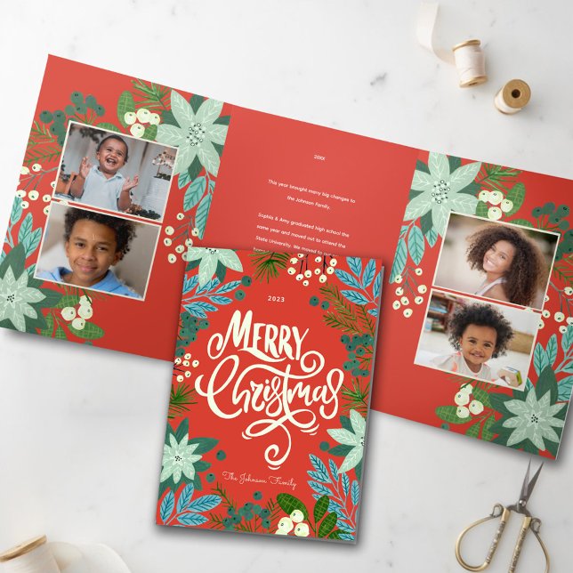 Modernes, feines, florales Weihnachtsfest Foto Dreifach Gefaltete Urlaubskarte (Modern Bold Floral Merry Christmas Photo Tri-Fold Holiday Card)