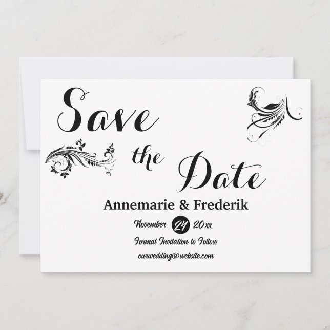 Modernes, feines Schwarz-Weiß-Script Save The Date (Vorderseite)