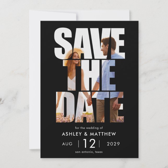 Modernes, feines Typografie-Foto Wedding Save The Date (Vorderseite)