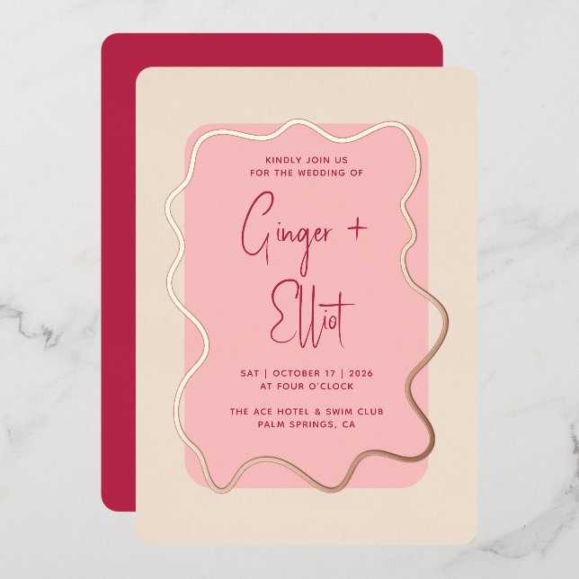 Modernes feines Wavy Frame Magenta Pink Wedding Go Folieneinladung (Vorderseite/Rückseite)