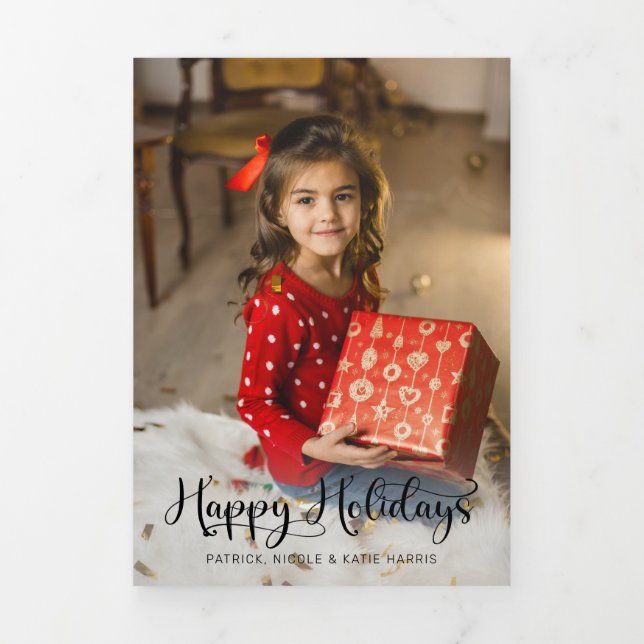 Modernes festliches Happy Holidays Script-Foto Dreifach Gefaltete Karte (Cover)