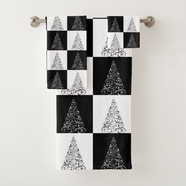 Modernes festliches Schwarz-weißes Weihnachtsbaumm Badhandtuch Set (Insitu)