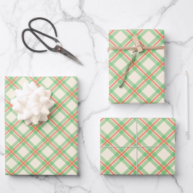 Modernes, festliches und orangefarbenes Kariertes  Geschenkpapier Set (Vorderseite)