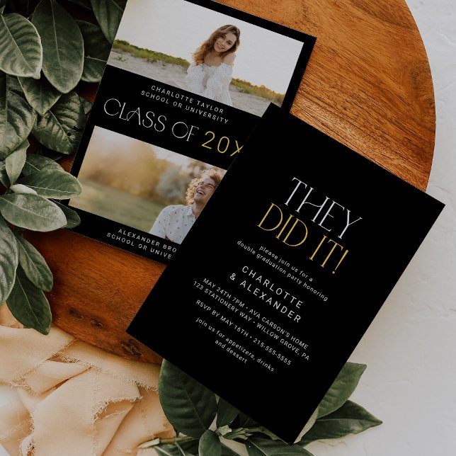 Modernes Fete Black Gold Foto Double Abschluss Einladung (Von Creator hochgeladen)