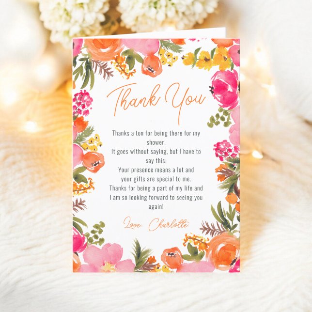 Modernes, fett orangefarbenes Brautparty von Blume Dankeskarte (Modern bold orange flowers script bridal shower thank you card)