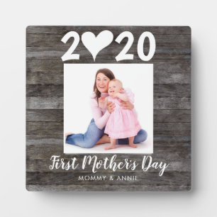 Modernes First Mother's Day Script Heart Wood Foto Fotoplatte