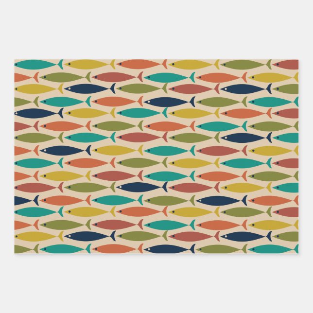 Modernes Fischmuster des Mitteljahrhunderts Geschenkpapier Set (Vorderseite)