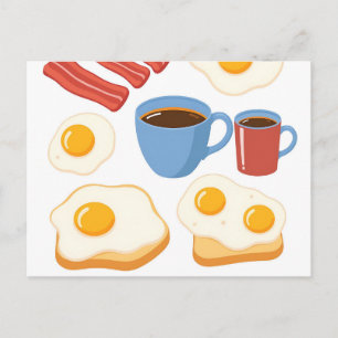 Modernes Flachdesign von Bacon Eggs Toast and Coff Postkarte