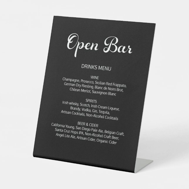 Modernes Flair Script Minimal Open Bar Black Weddi Sockelschild (Vorderseite)
