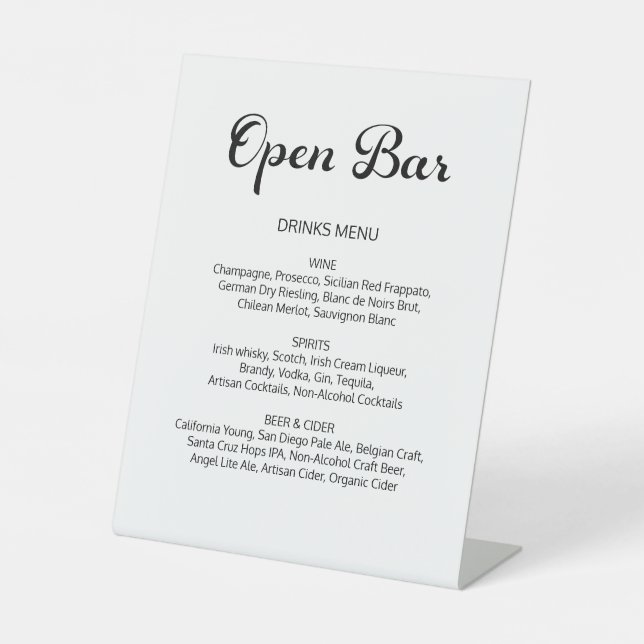 Modernes Flair Script Minimal Open Bar White Weddi Sockelschild (Vorderseite)