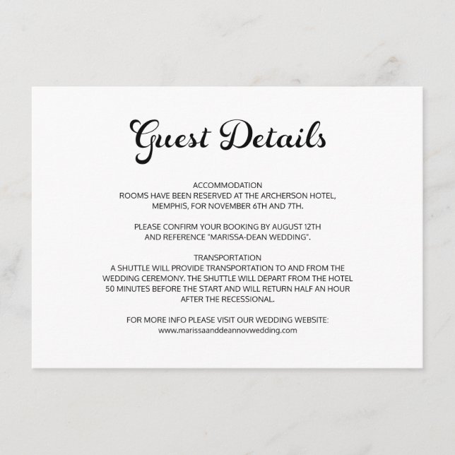 Modernes Flair Script White Wedding Guest Details Begleitkarte (Vorderseite)