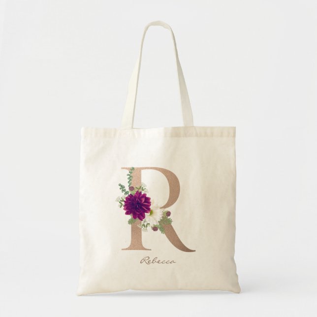 Modernes Floral Alphabet Monogram Letter R Tragetasche (Vorne)