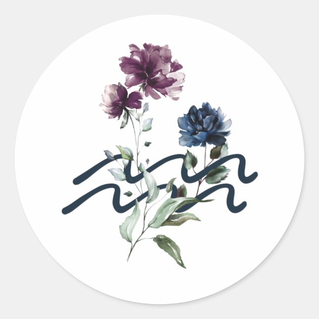 Modernes Floral Aquarius Zodiac Sign Runder Aufkleber (Vorderseite)