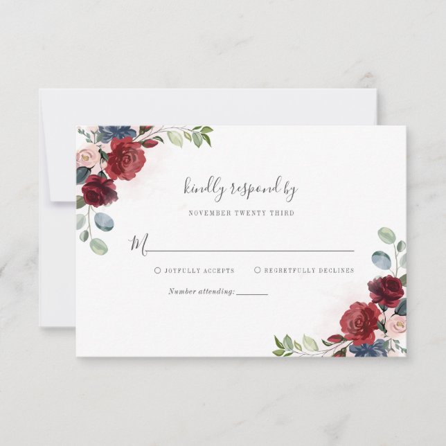 Modernes floral Burgundy Rustic Script Brautparty RSVP Karte (Vorderseite)