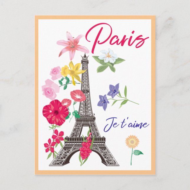 Modernes Floral Paris je t'aime Eiffel Tower Reise Postkarte (Vorderseite)
