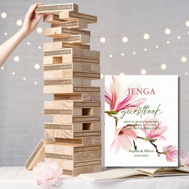 Modernes Floral Wedding Jenga Gästebuchzeichen Poster (Von Creator hochgeladen)