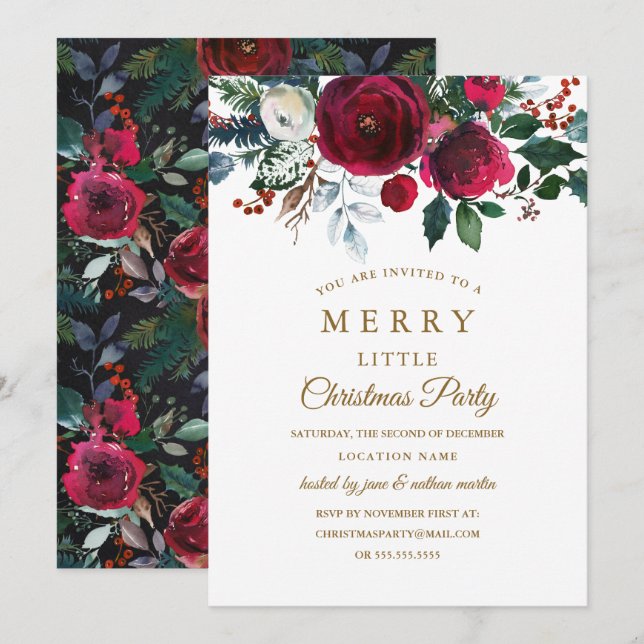 Modernes, florales Burgunder Weihnachtsfest-Party Einladung (Vorne/Hinten)