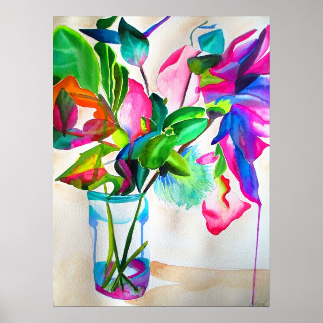 Modernes, florales Stillleben mit Jakobar-Aquarell Poster (Vorne)