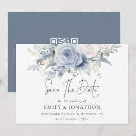 Modernes Florals Dusty Blue QR Code Wedding Save The Date