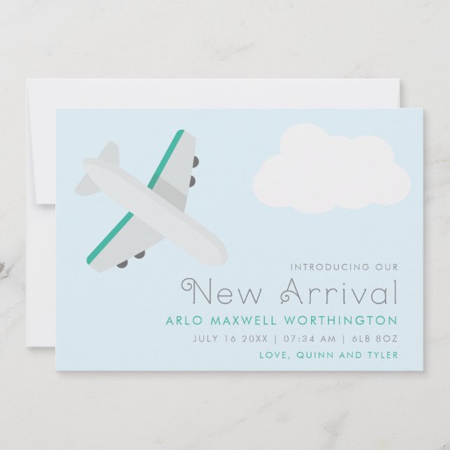 Modernes Flugzeug Neuanreise Baby Boy Foto Birth Ankündigung (Vorderseite)