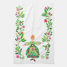 Modernes Folk Art Style Rothaarblütenmädchen Geschirrtuch
