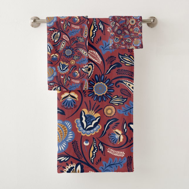 Modernes Folk mit Maroon & Blue Tones  Badhandtuch Set (Insitu)