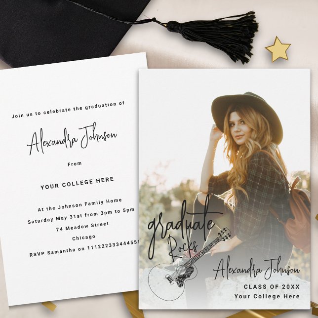 Modernes Foto Abschluss Ankündigung Party (Modern trendy vertical photo Graduation party and announcement  invitation with country music guitar)