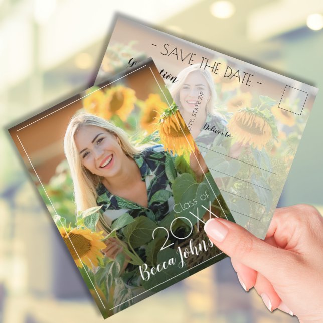 Modernes Foto Abschluss Save the Date Postkarte (Photo graduation Save the Date postcards feature your details on the back)