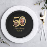 Modernes Foto aus schwarzem Gold zum 50. Geburtsta Pappteller<br><div class="desc">Trendige fette Typografie 50 Jahre Mann Geburtstag lustige personalisierte Party Papier Teller Vorlage mit 2 Fotos und moderne Retro-Stil Skript. Einfach mit Text und Bildern anpassen.</div>