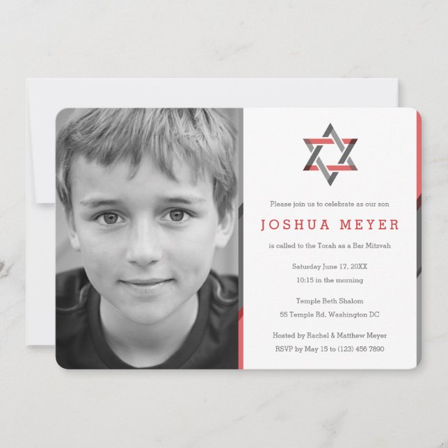 Modernes Foto Bar Mitzvah Einladungen | Rot + Schw (Vorderseite)