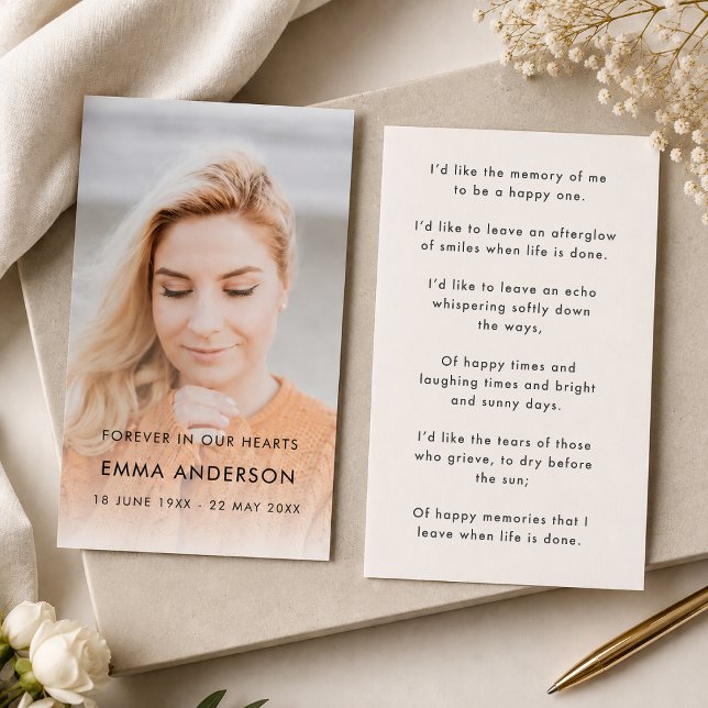 Modernes Foto Beerdigungsgedicht oder Gebetskarte (Personalized memorial prayer card with photo front and poem back for funeral guests.)