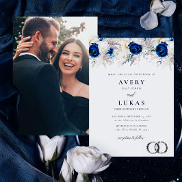 Modernes Foto Blau- und Weißblütenhochzeit Einladung