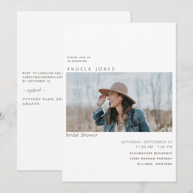 Modernes Foto Bridal White Einladung (Vorne/Hinten)