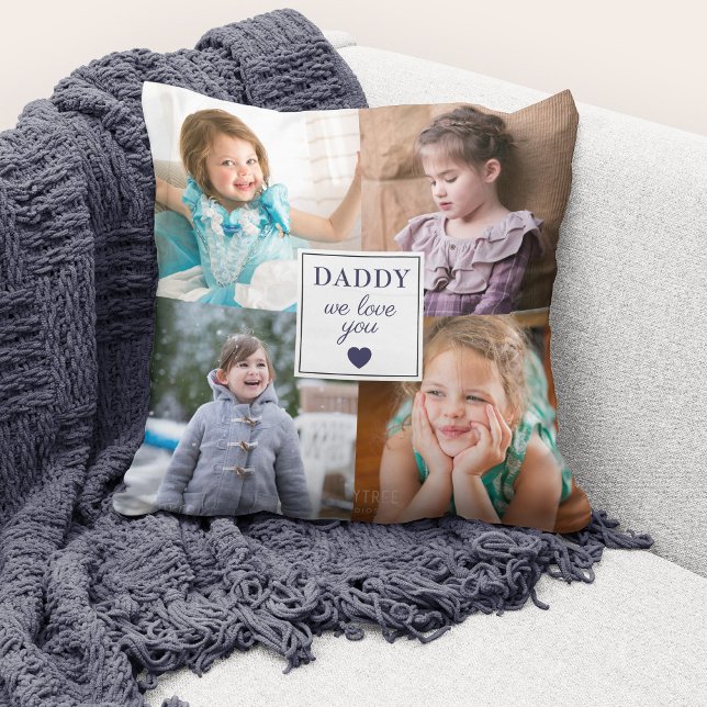Modernes Foto Collage Daddy Kissen (Cute custom photo collage "Daddy We Love You" throw pillow.)